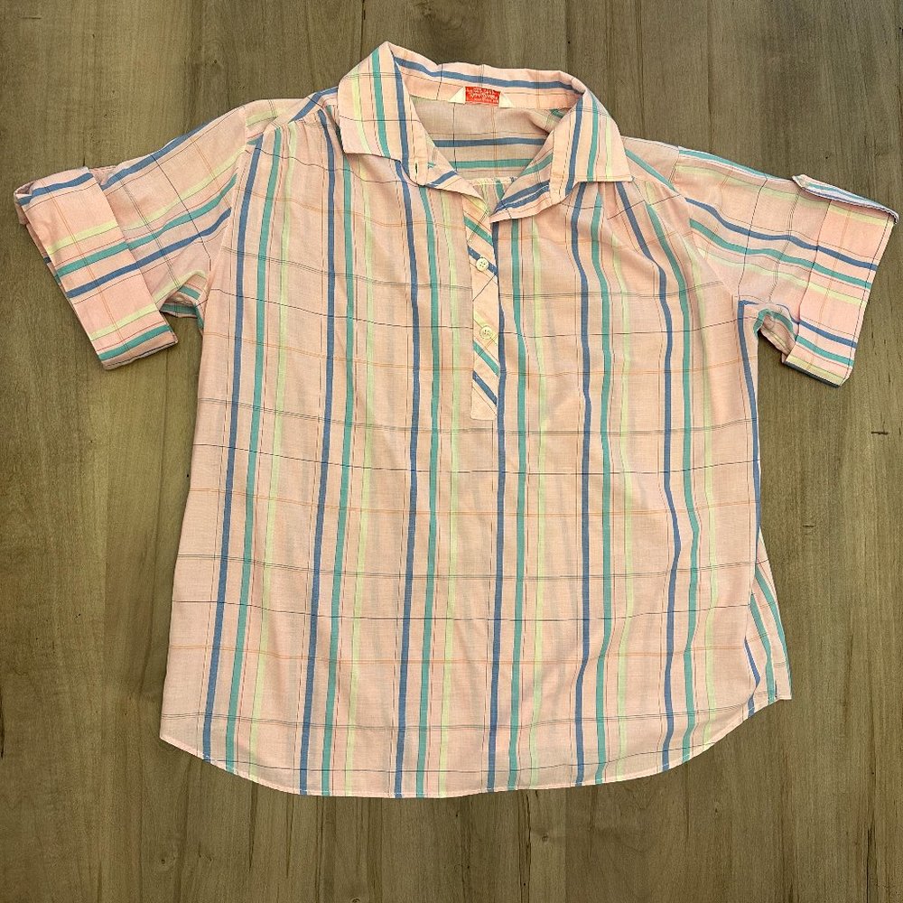 80S PLAID WOMENS PINK SHORT SLEEVE COLLARED BLOUSE